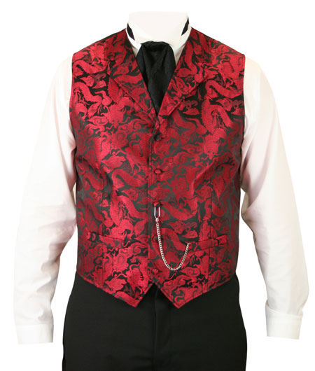  Victorian Old West Mens Vests Red Satin Synthetic Microfiber Print Dress |Antique Vintage Fashioned Wedding Theatrical Reenacting Costume | Fancy Jack the Ripper NYE Vampire