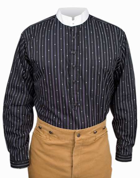  Victorian Old West Edwardian Mens Shirts Black Cotton Stripe Dress |Antique Vintage Fashioned Wedding Theatrical Reenacting Costume |