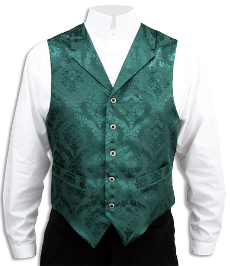  Victorian Old West Mens Vests Green Satin Synthetic Microfiber Floral Dress |Antique Vintage Fashioned Wedding Theatrical Reenacting Costume |