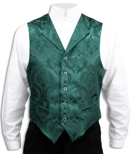  Victorian Old West Mens Vests Green Satin Microfiber Synthetic Floral Dress |Antique Vintage Fashioned Wedding Theatrical Reenacting Costume | Dickens