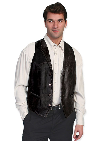  Old West Mens Vests Black Leather Solid |Antique Vintage Fashioned Wedding Theatrical Reenacting Costume |
