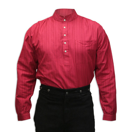  Victorian Old West Edwardian Mens Shirts Burgundy Red Cotton Stripe Work |Antique Vintage Fashioned Wedding Theatrical Reenacting Costume |