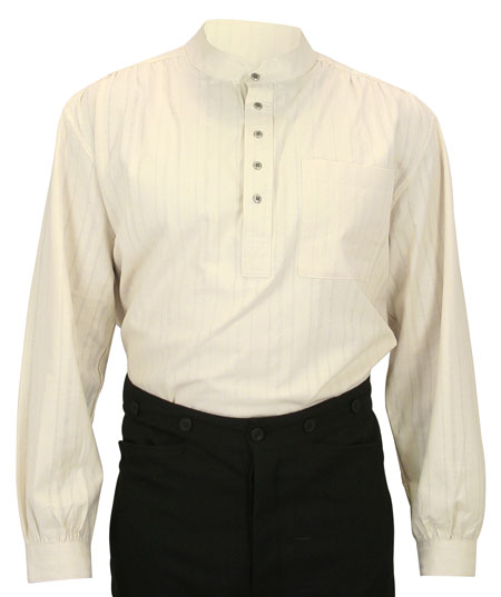  Victorian Old West Mens Shirts Ivory Cotton Stripe Dress Work |Antique Vintage Fashioned Wedding Theatrical Reenacting Costume |