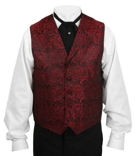  Victorian Old West Mens Vests Red Satin Microfiber Synthetic Print Dress |Antique Vintage Fashioned Wedding Theatrical Reenacting Costume | Dragon Phantom and Christine