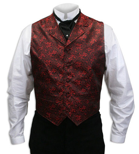  Victorian Old West Mens Vests Red Satin Microfiber Synthetic Print Dress |Antique Vintage Fashioned Wedding Theatrical Reenacting Costume | Dragon Phantom and Christine