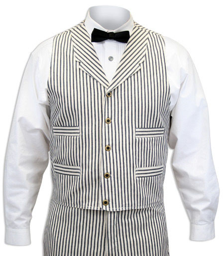  Victorian Old West Steampunk Mens Vests Ivory Blue Cotton Stripe Dress Work Matched Separates |Antique Vintage Fashioned Wedding Theatrical Reenacting Costume |