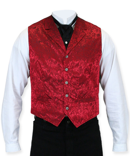  Victorian Old West Mens Vests Red Silk Floral Dress |Antique Vintage Fashioned Wedding Theatrical Reenacting Costume |