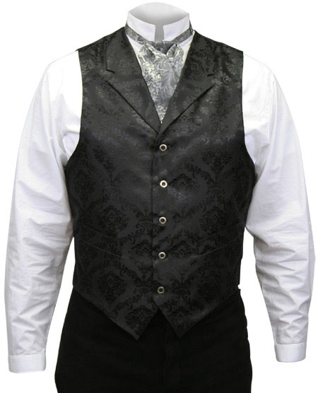  Victorian Old West Mens Vests Black Satin Microfiber Synthetic Floral Dress |Antique Vintage Fashioned Wedding Theatrical Reenacting Costume |