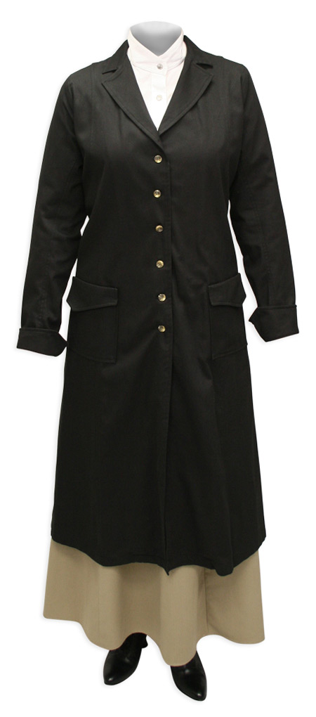  Victorian Old West Steampunk Edwardian Ladies Coats Black Cotton Solid Dusters |Antique Vintage Fashioned Wedding Theatrical Reenacting Costume | Nanny and Chimneysweep Motorist Aviator
