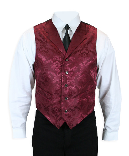  Victorian Old West Mens Vests Burgundy Satin Synthetic Microfiber Print Dress |Antique Vintage Fashioned Wedding Theatrical Reenacting Costume | NYE