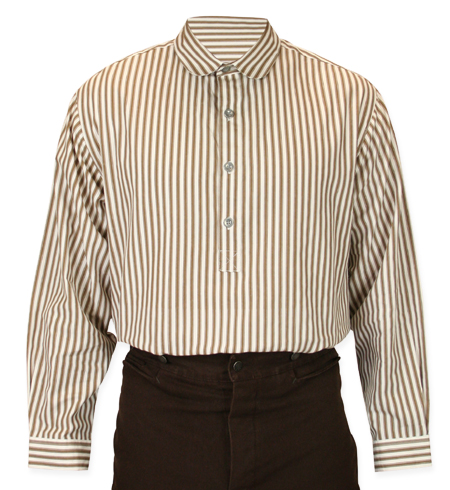 Victorian Old West Mens Shirts Brown Ivory Tan Cotton Stripe Dress Work |Antique Vintage Fashioned Wedding Theatrical Reenacting Costume |