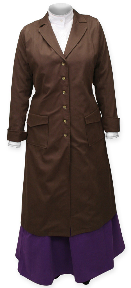  Victorian Old West Steampunk Edwardian Ladies Coats Brown Cotton Solid Dusters |Antique Vintage Fashioned Wedding Theatrical Reenacting Costume | Motorist Aviator