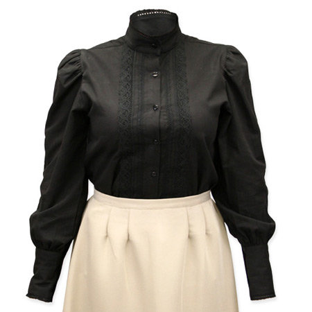 Victorian Old West Ladies Blouses Black Cotton Solid Traditional Fit |Antique Vintage Fashioned Wedding Theatrical Reenacting Costume |