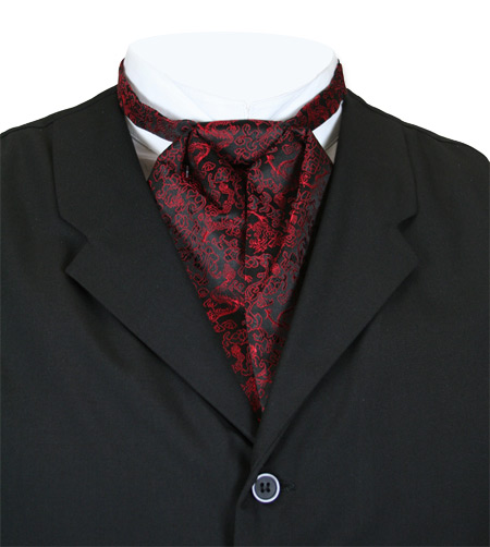  Victorian Old West Mens Ties Red Satin Synthetic Print Puff |Antique Vintage Fashioned Wedding Theatrical Reenacting Costume | Dragon