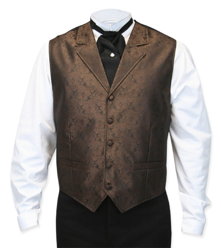  Victorian Old West Mens Vests Brown Satin Microfiber Synthetic Paisley Dress |Antique Vintage Fashioned Wedding Theatrical Reenacting Costume |