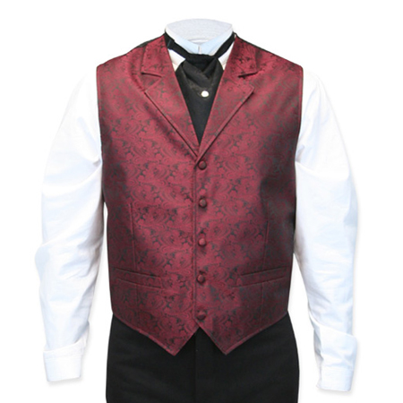  Victorian Old West Mens Vests Burgundy Satin Synthetic Microfiber Paisley Dress |Antique Vintage Fashioned Wedding Theatrical Reenacting Costume |