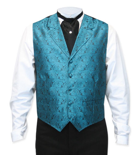  Victorian Old West Mens Vests Blue Satin Microfiber Synthetic Paisley Dress |Antique Vintage Fashioned Wedding Theatrical Reenacting Costume |