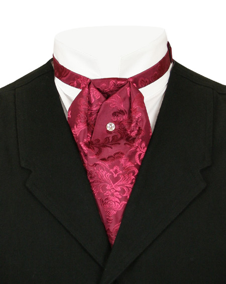 Victorian Old West Edwardian Mens Ties Burgundy Red Satin Synthetic Floral Puff |Antique Vintage Fashioned Wedding Theatrical Reenacting Costume | Dickens