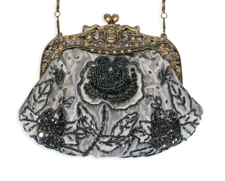  Victorian Old West Edwardian Ladies Accessories Gray Beaded Fabric Metal Solid Floral Purses |Antique Vintage Fashioned Wedding Theatrical Reenacting Costume | Gifts for Her