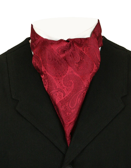  Victorian Old West Mens Ties Burgundy Satin Microfiber Synthetic Paisley Ascots |Antique Vintage Fashioned Wedding Theatrical Reenacting Costume |