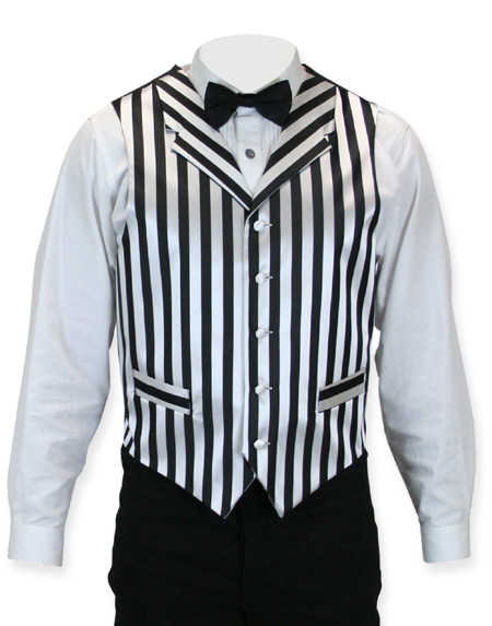 Victorian Old West Steampunk Mens Vests Black White Satin Synthetic Microfiber Stripe Dress |Antique Vintage Fashioned Wedding Theatrical Reenacting Costume |