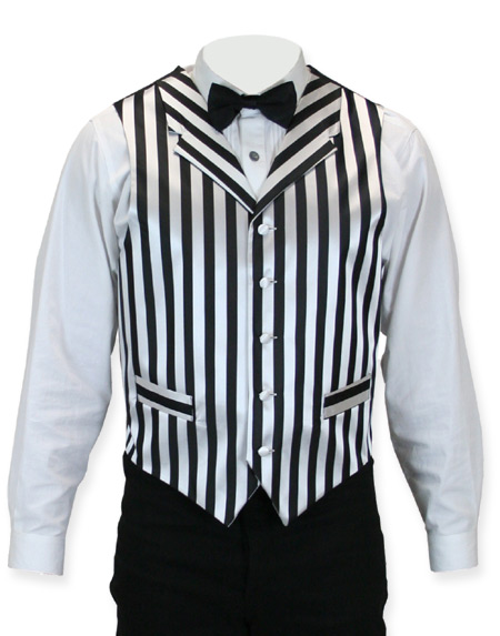  Victorian Old West Steampunk Edwardian Mens Vests Black White Satin Microfiber Synthetic Stripe Dress |Antique Vintage Fashioned Wedding Theatrical Reenacting Costume |
