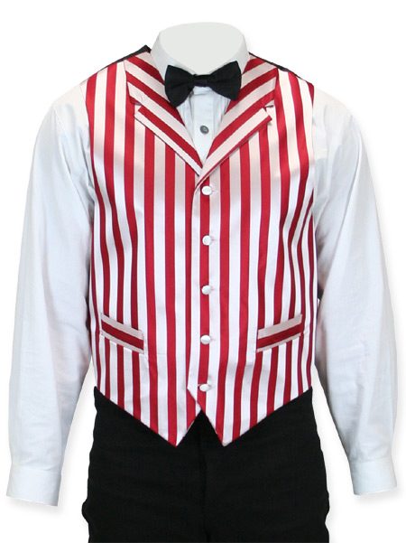  Victorian Old West Steampunk Mens Vests Red White Satin Synthetic Microfiber Stripe Dress |Antique Vintage Fashioned Wedding Theatrical Reenacting Costume |