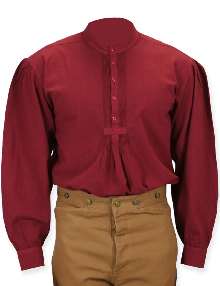  Victorian Old West Edwardian Mens Shirts Burgundy Red Cotton Solid Work Pioneer |Antique Vintage Fashioned Wedding Theatrical Reenacting Costume |