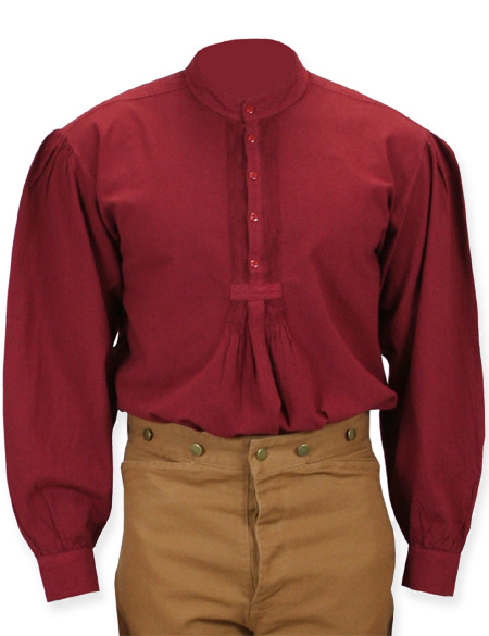  Victorian Old West Mens Shirts Burgundy Red Cotton Solid Work Pioneer |Antique Vintage Fashioned Wedding Theatrical Reenacting Costume |