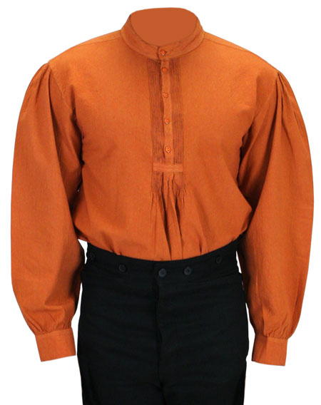  Victorian Old West Edwardian Mens Shirts Orange Cotton Solid Work Pioneer |Antique Vintage Fashioned Wedding Theatrical Reenacting Costume |