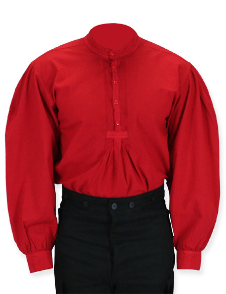  Victorian Old West Mens Shirts Red Cotton Solid Work Pioneer |Antique Vintage Fashioned Wedding Theatrical Reenacting Costume |