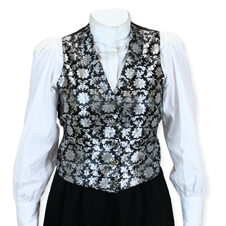  Victorian Old West Ladies Vests Silver Satin Synthetic Microfiber Floral Dress |Antique Vintage Fashioned Wedding Theatrical Reenacting Costume |