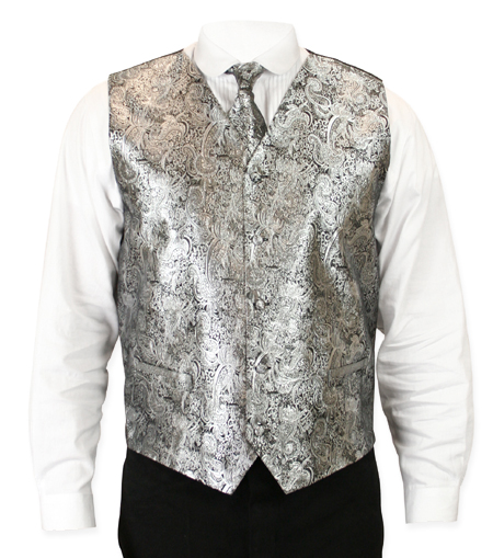  Victorian Old West Mens Vests Silver Satin Microfiber Synthetic Paisley Dress Tie Included |Antique Vintage Fashioned Wedding Theatrical Reenacting Costume | NYE