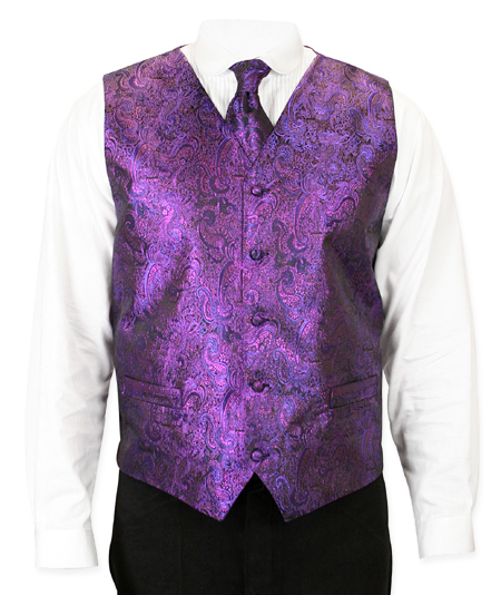  Victorian Old West Mens Vests Purple Satin Microfiber Synthetic Paisley Dress Tie Included |Antique Vintage Fashioned Wedding Theatrical Reenacting Costume |