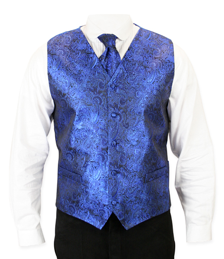  Victorian Old West Mens Vests Blue Satin Microfiber Synthetic Paisley Dress Tie Included |Antique Vintage Fashioned Wedding Theatrical Reenacting Costume |