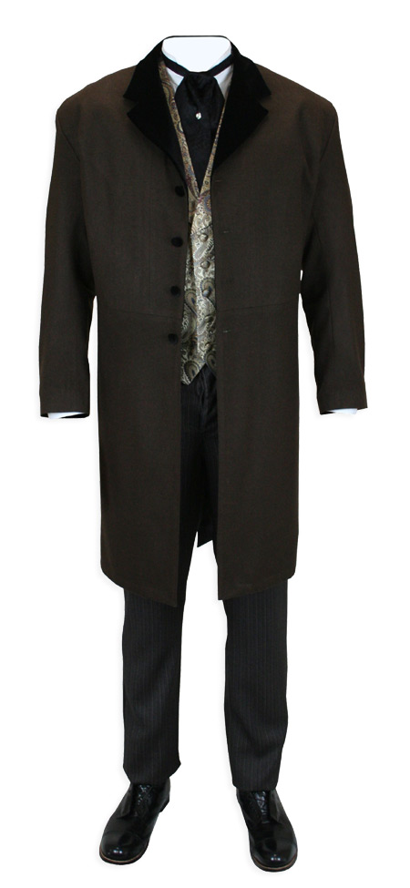  Victorian Old West Steampunk Mens Coats Brown Wool Velvet Solid Frock |Antique Vintage Fashioned Wedding Theatrical Reenacting Costume |