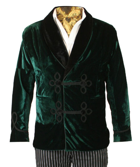  Victorian Edwardian Mens Coats Green Velvet Solid Smoking Jackets |Antique Vintage Old Fashioned Wedding Theatrical Reenacting Costume |