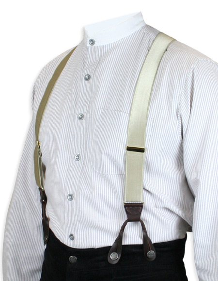  Victorian Old West Edwardian Suspenders Brown Tan Satin Synthetic Y-Back Braces |Antique Vintage Fashioned Wedding Theatrical Reenacting Costume | Short
