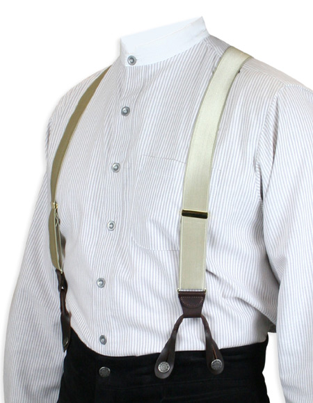  Victorian Old West Suspenders Brown Tan Satin Synthetic Y-Back Braces |Antique Vintage Fashioned Wedding Theatrical Reenacting Costume | Short