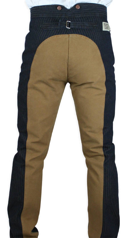  Old West Edwardian Mens Pants Blue Brown Tan Cotton Solid Stripe Saddle Seat Work |Antique Vintage Fashioned Wedding Theatrical Reenacting Costume |