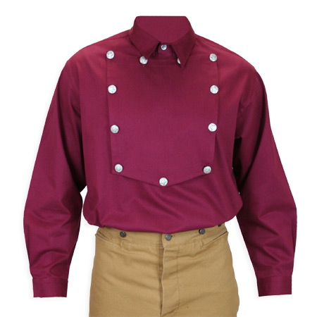  Old West Mens Shirts Burgundy Cotton Solid Bib Work |Antique Vintage Fashioned Wedding Theatrical Reenacting Costume |