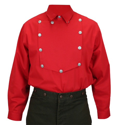  Old West Mens Shirts Red Cotton Blend Solid Bib Work |Antique Vintage Fashioned Wedding Theatrical Reenacting Costume |