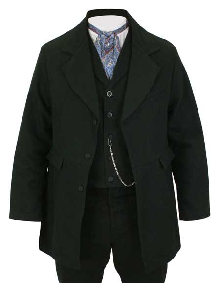  Old West Steampunk Mens Coats Black Cotton Solid Town Matched Separates |Antique Vintage Fashioned Wedding Theatrical Reenacting Costume |