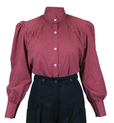  Victorian Old West Ladies Blouses Burgundy Red Cotton Geometric Print Traditional Fit Colorful |Antique Vintage Fashioned Wedding Theatrical Reenacting Costume |