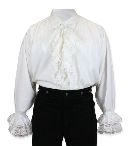  Victorian Regency Steampunk Mens Shirts White Synthetic Solid Dress |Antique Vintage Old Fashioned Wedding Theatrical Reenacting Costume | Pirate