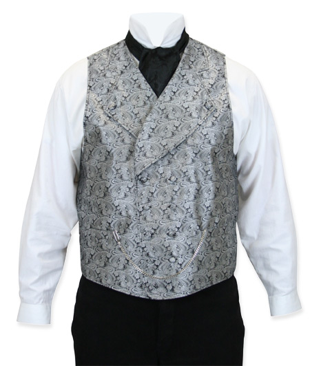  Victorian Old West Edwardian Mens Vests Silver Gray Satin Microfiber Synthetic Paisley Dress |Antique Vintage Fashioned Wedding Theatrical Reenacting Costume |