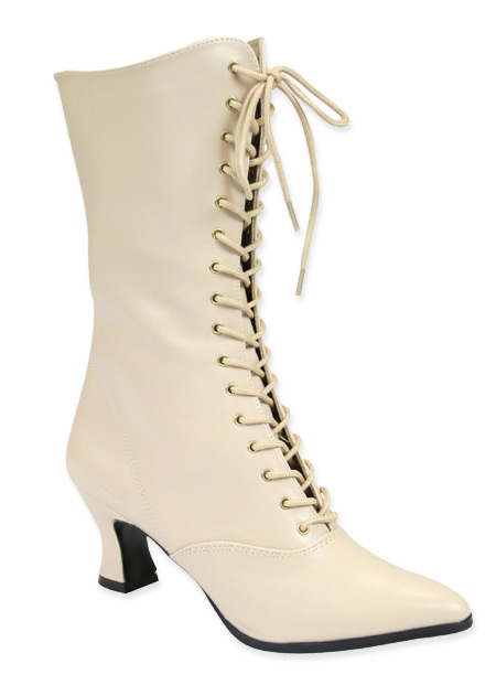  Victorian Steampunk Edwardian Ladies Footwear Ivory Faux Leather Calf Boots |Antique Vintage Old Fashioned Wedding Theatrical Reenacting Costume | Dickens