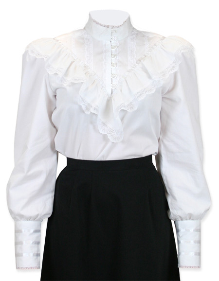  Victorian Old West Edwardian Ladies Blouses White Cotton Lace Solid Lacy Traditional Fit Fancy |Antique Vintage Fashioned Wedding Theatrical Reenacting Costume | Dickens Suffragist