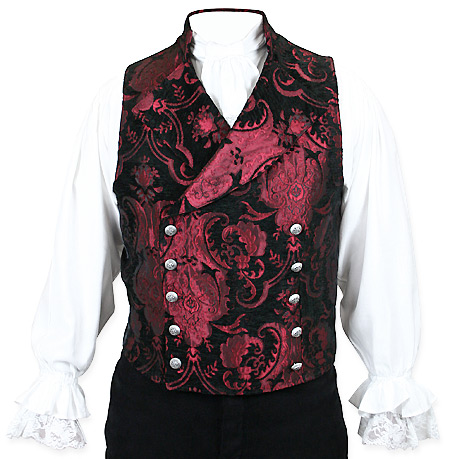  Victorian Steampunk Mens Vests Red Black Tapestry Synthetic Floral Dress |Antique Vintage Old Fashioned Wedding Theatrical Reenacting Costume | Jack the Ripper