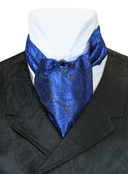  Victorian Old West Mens Ties Blue Satin Microfiber Synthetic Paisley Ascots |Antique Vintage Fashioned Wedding Theatrical Reenacting Costume |